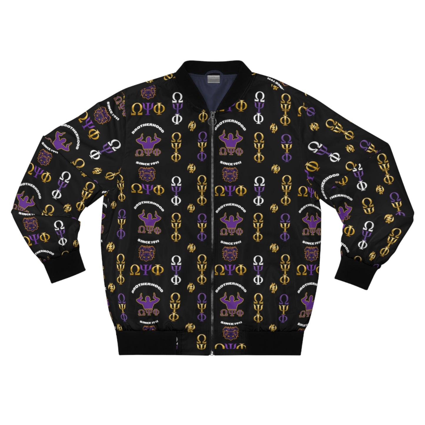 Men's Omega Psi Phi Bomber Jacket - Black, Purple, Gold - All-Over Print Fraternity Jacket