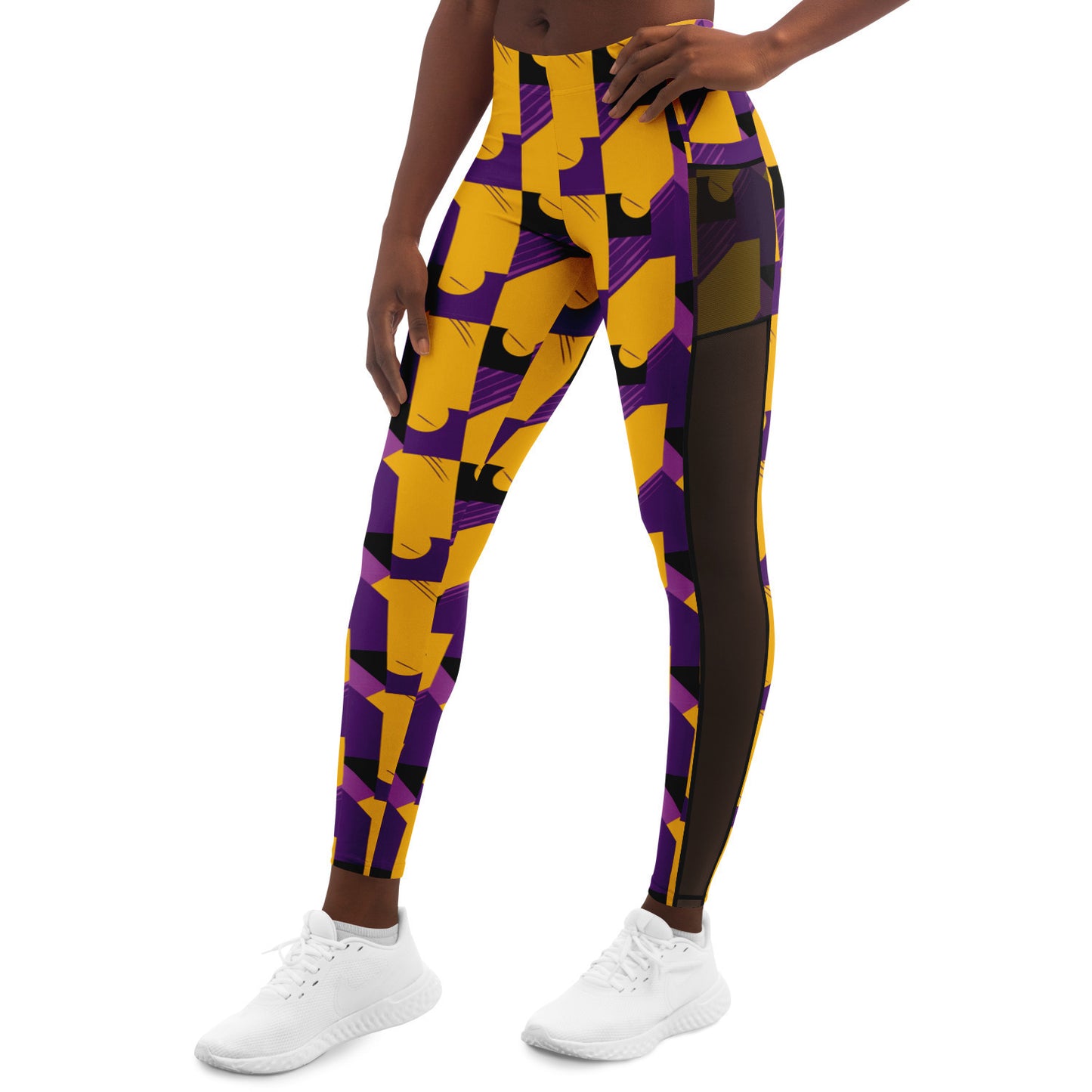 Purple & Gold Abstract Print Luxury Leggings With Pockets, Laker Fan Color Sexy Ladies Workout Wear