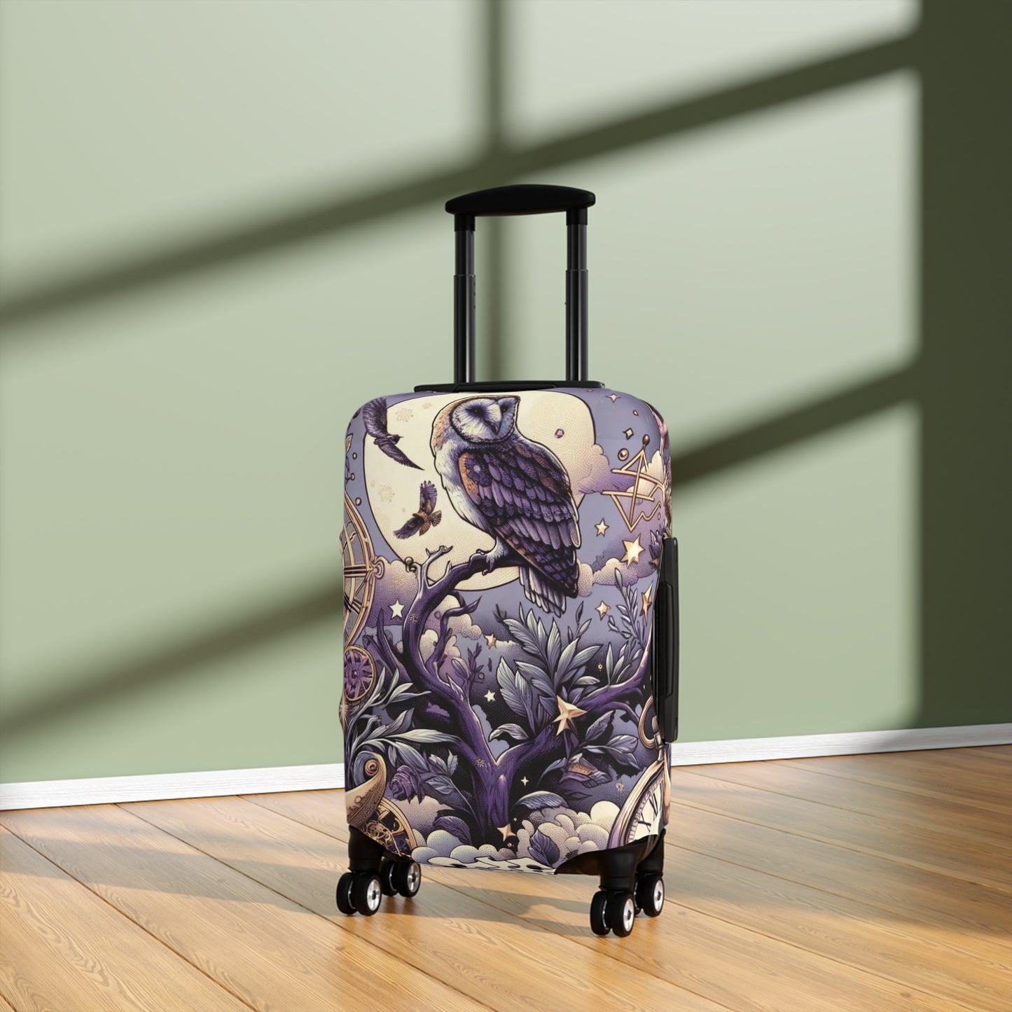 Enchanted Owl and Celestial Bodies Suitcase Cover, Magical Themed Luggage Protector