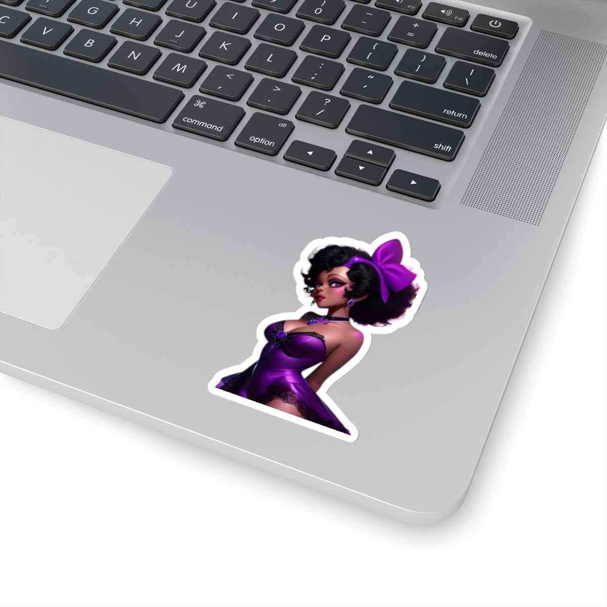 Black Woman Pin-Up Girl Sticker, Sexy Black Woman in Purple Lingerie Sticker