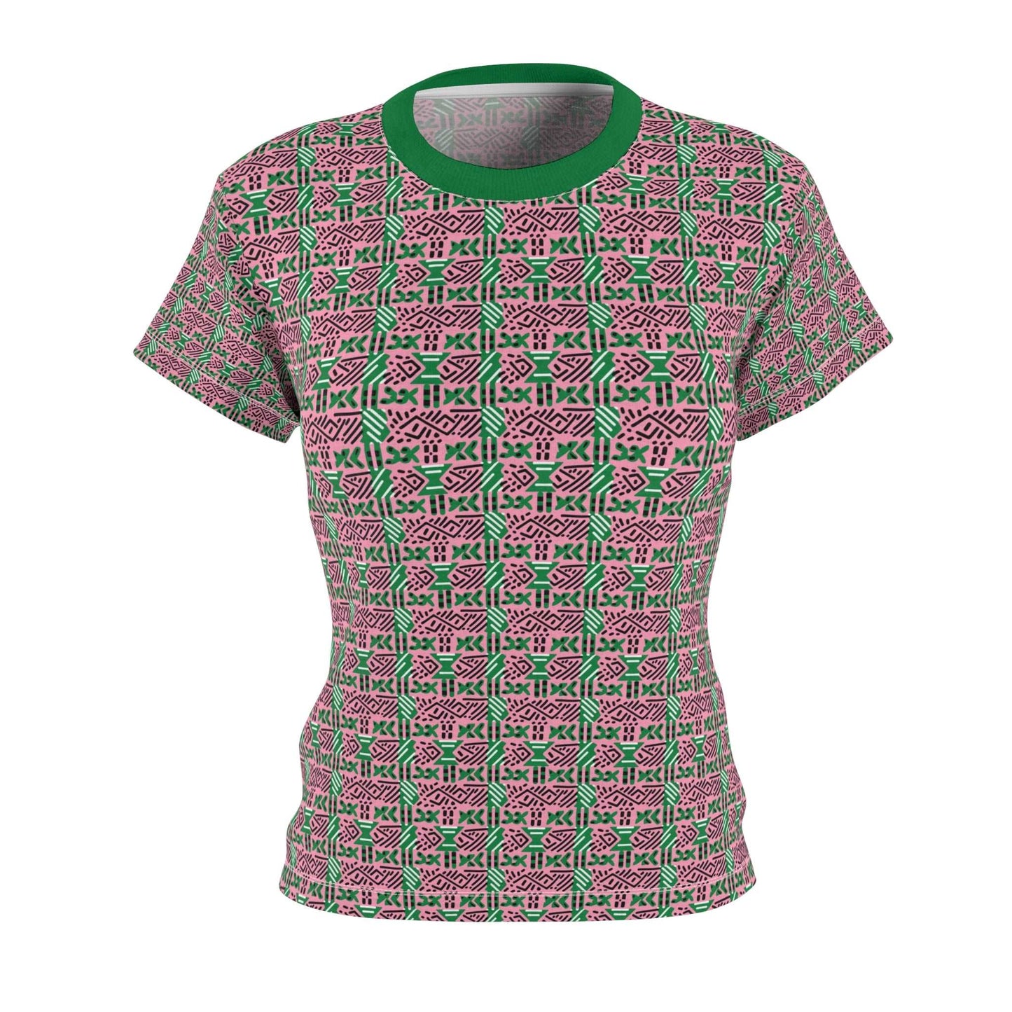 AKA Sorority Pink and Green Women's T-Shirt, Pink & Green MudCloth Print Ladies Top