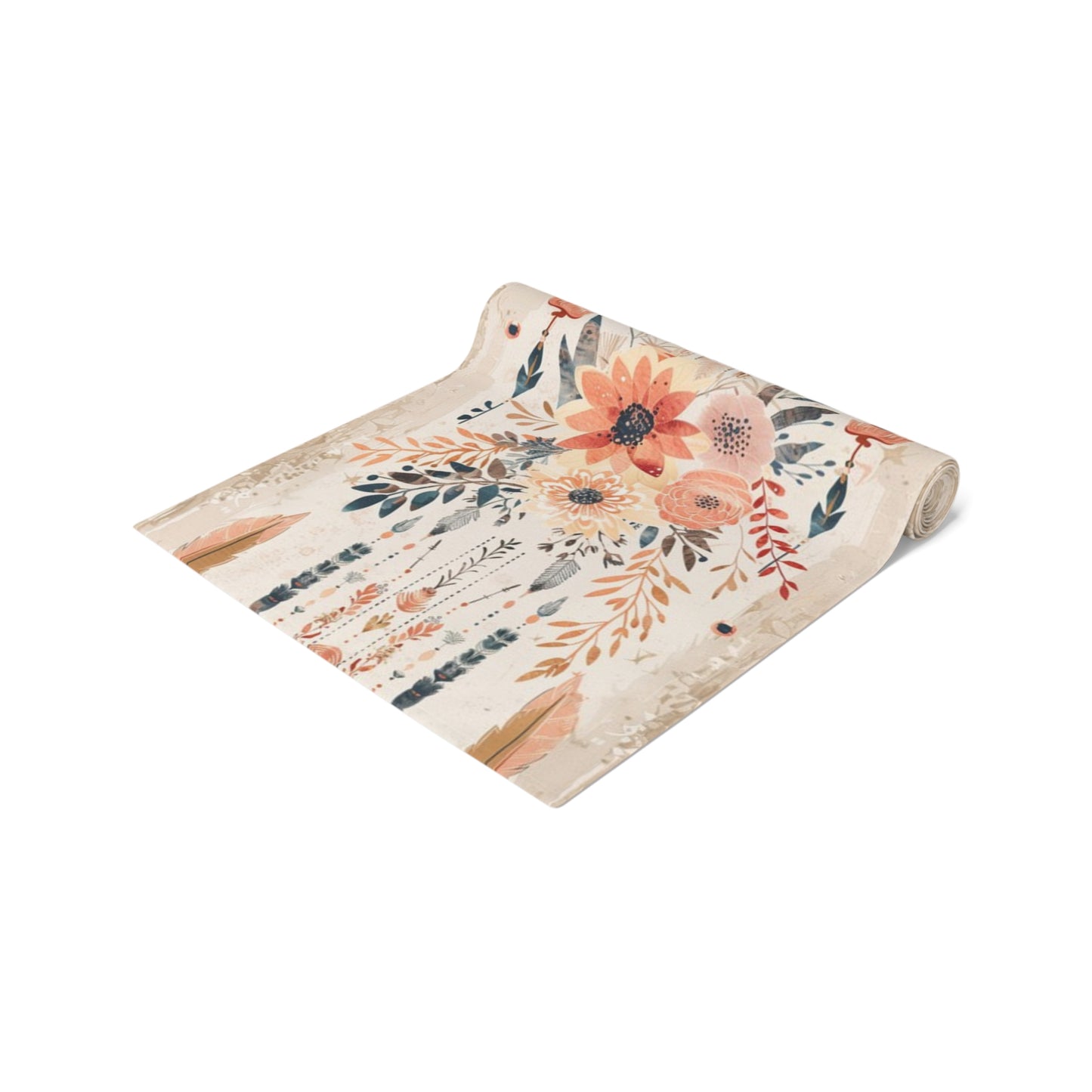 Boho Chic Table Runner – Earthy Floral and Feather Design in Cotton Twill or Polyester