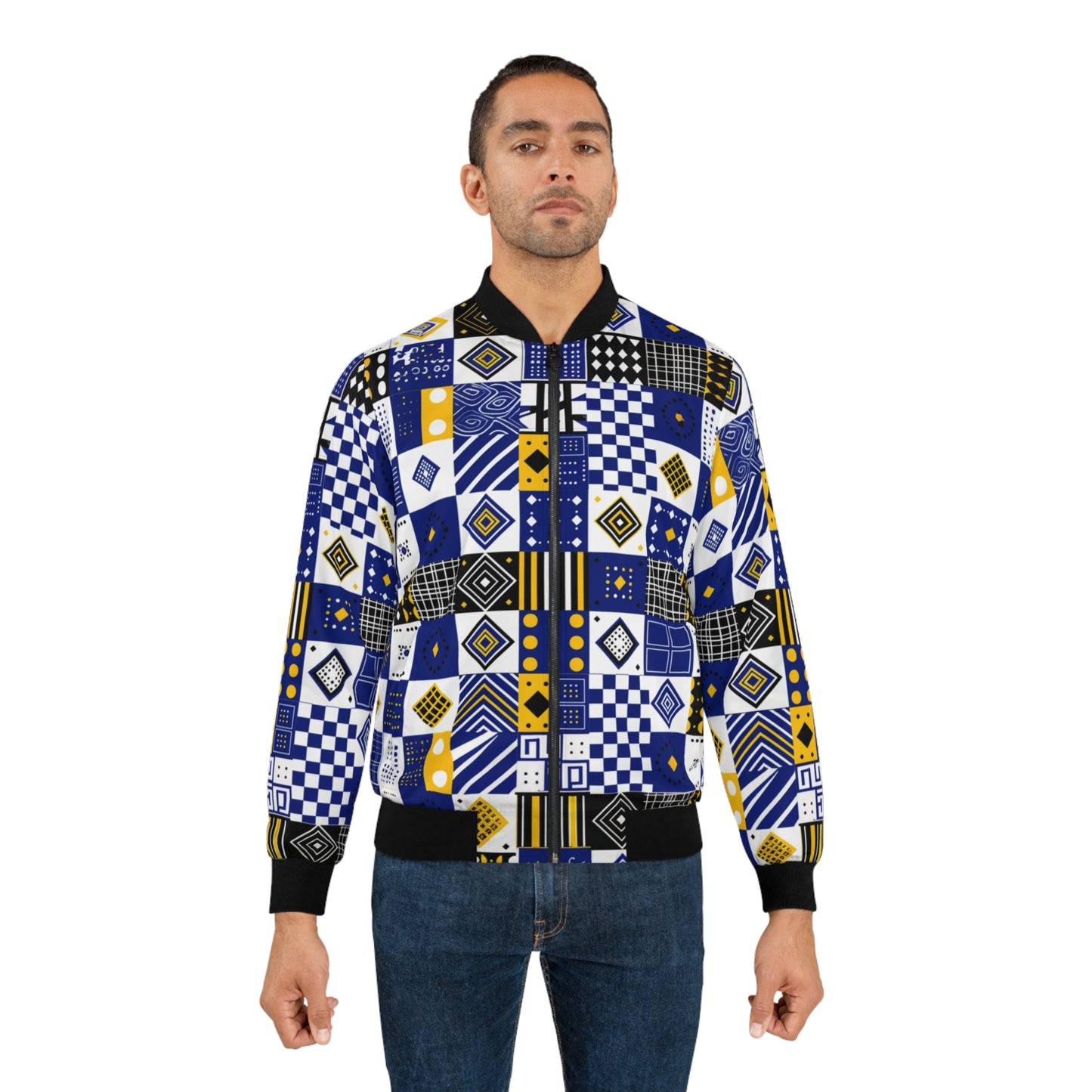 African Tribal Inspired Geometric Bomber Jacket - Vibrant Blue, Yellow, and White Pattern for Men and Women, Modern Streetwear, Sizes XS-5XL