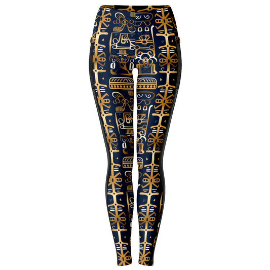 Golden Shamanic Serenity MudCloth Print Mesh Pocket Leggings, African Print Leggings