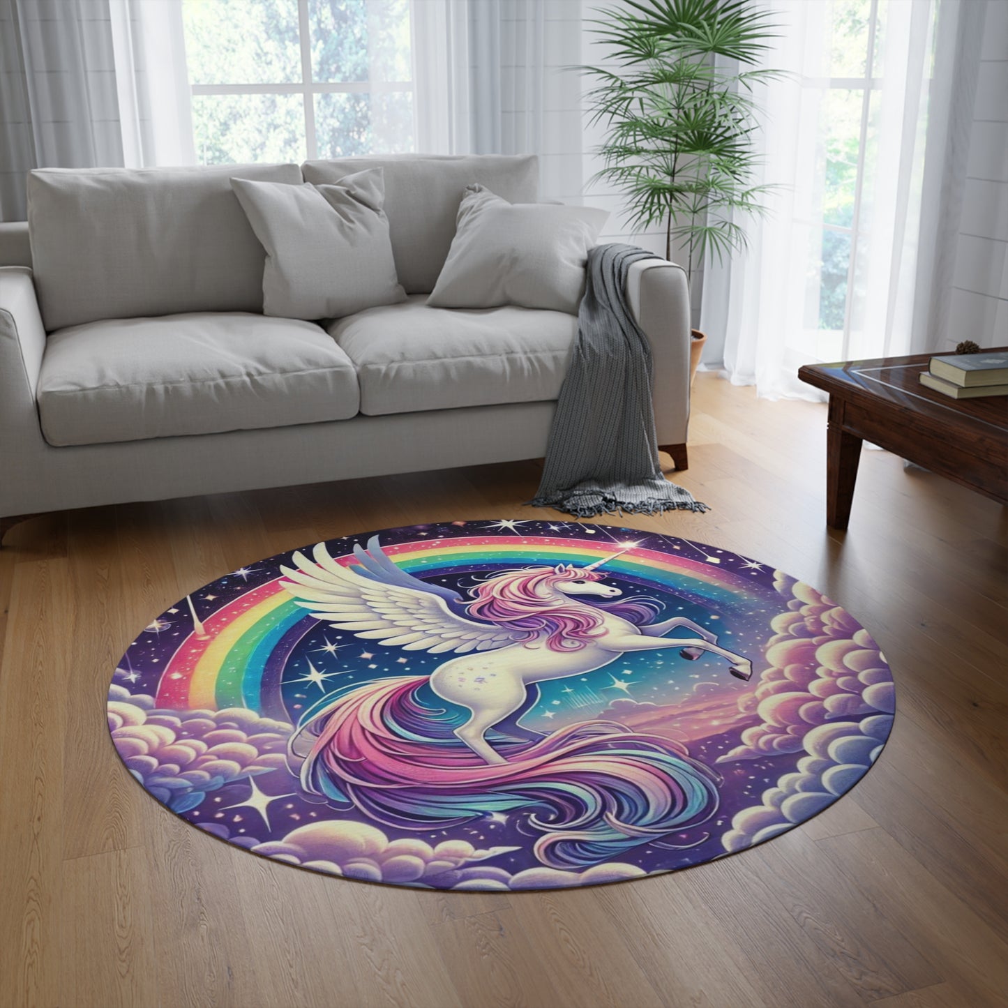 Magical Pegasus Unicorn Round Rug, Chenille 60" Rainbow Design