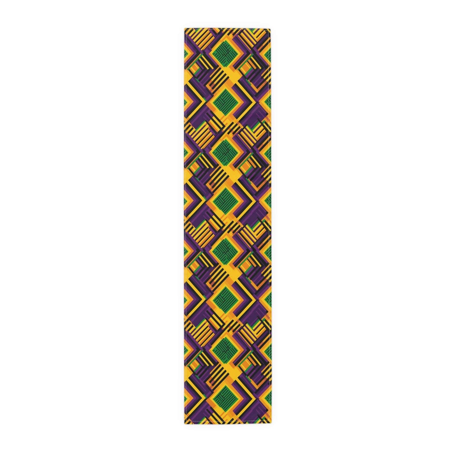 African Kente Print Mardi Gras Themed Table Runner, Festive Carnival Pattern Home Decor