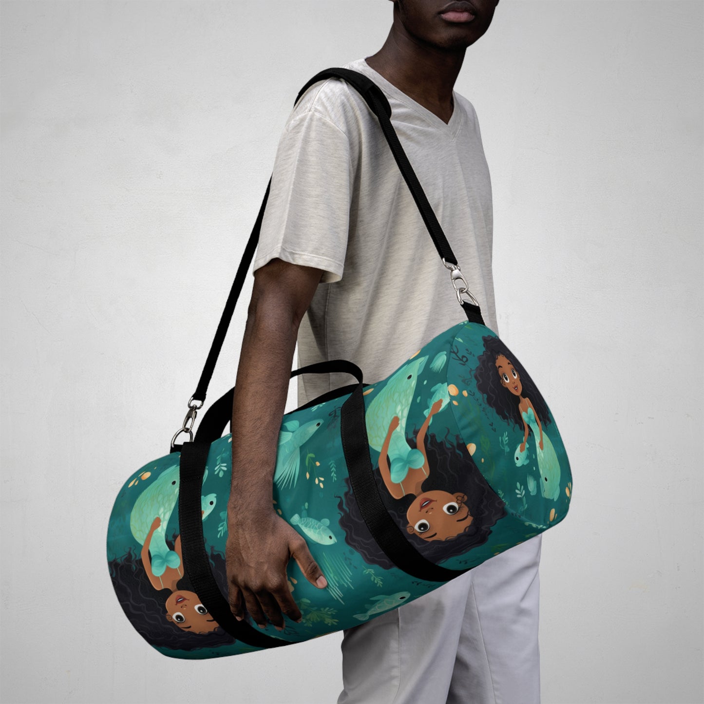 Under The Sea Black Girl Mermaid Print Duffle Bag, African American Mermaid Overnight Bag