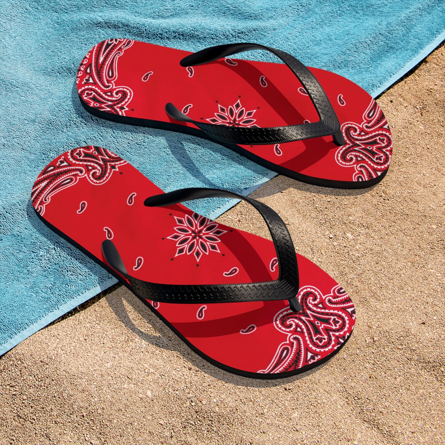 Vibrant Red Bandana Women Flip Flops, Paisley Print Sandals