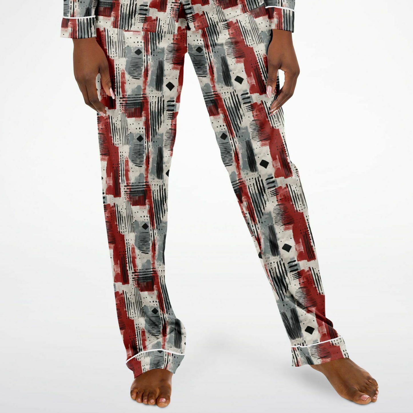 Gray & Deep Red African Mud Cloth Print Satin 2 -Piece Women's Pajama Set,  Plus Size Bogolan Luxury Sleepwear