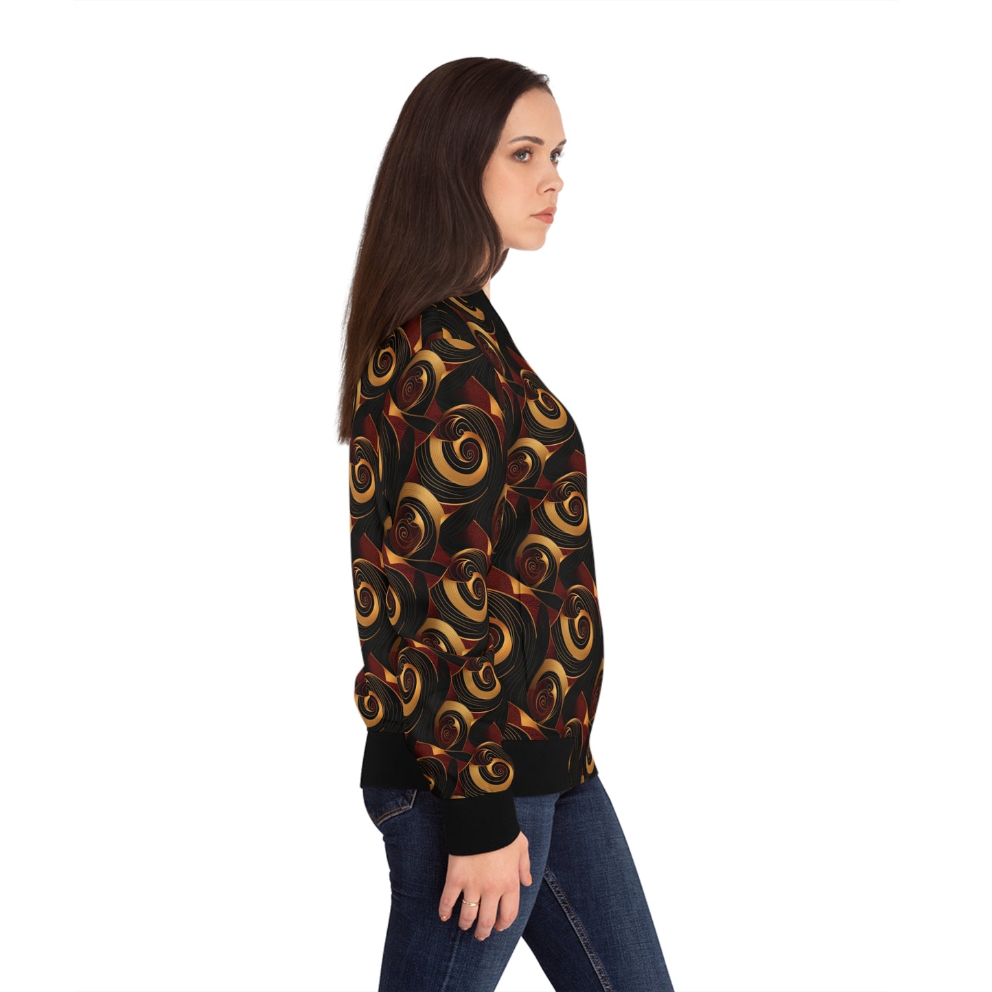 Crimson, Gold & Black Women's African Ankara Print Bomber Jacket