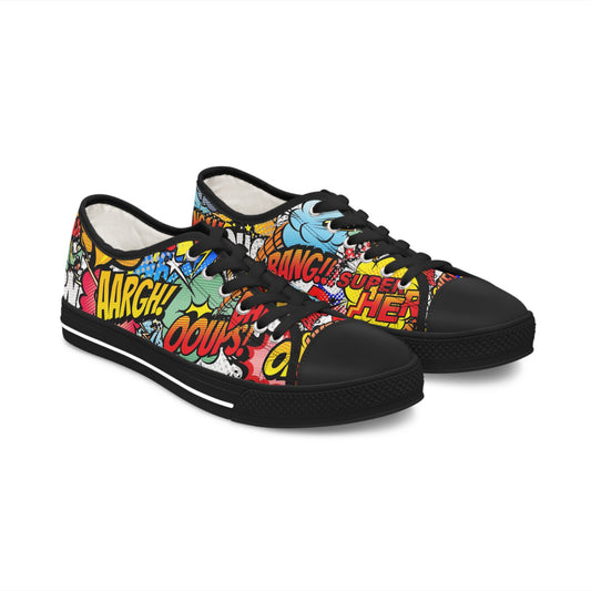 Retro Comic Craze: Colorful Collage Women Low Top Sneakers