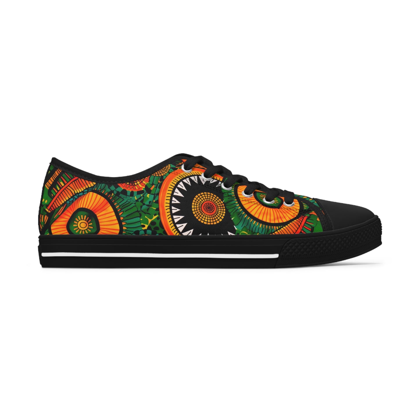 Orange, Green Yellow Africa Ankara Print Women's Low Top Sneakers, Black & Red Geometric Pattern Canvas Shoes, Comfortable Tribal Print