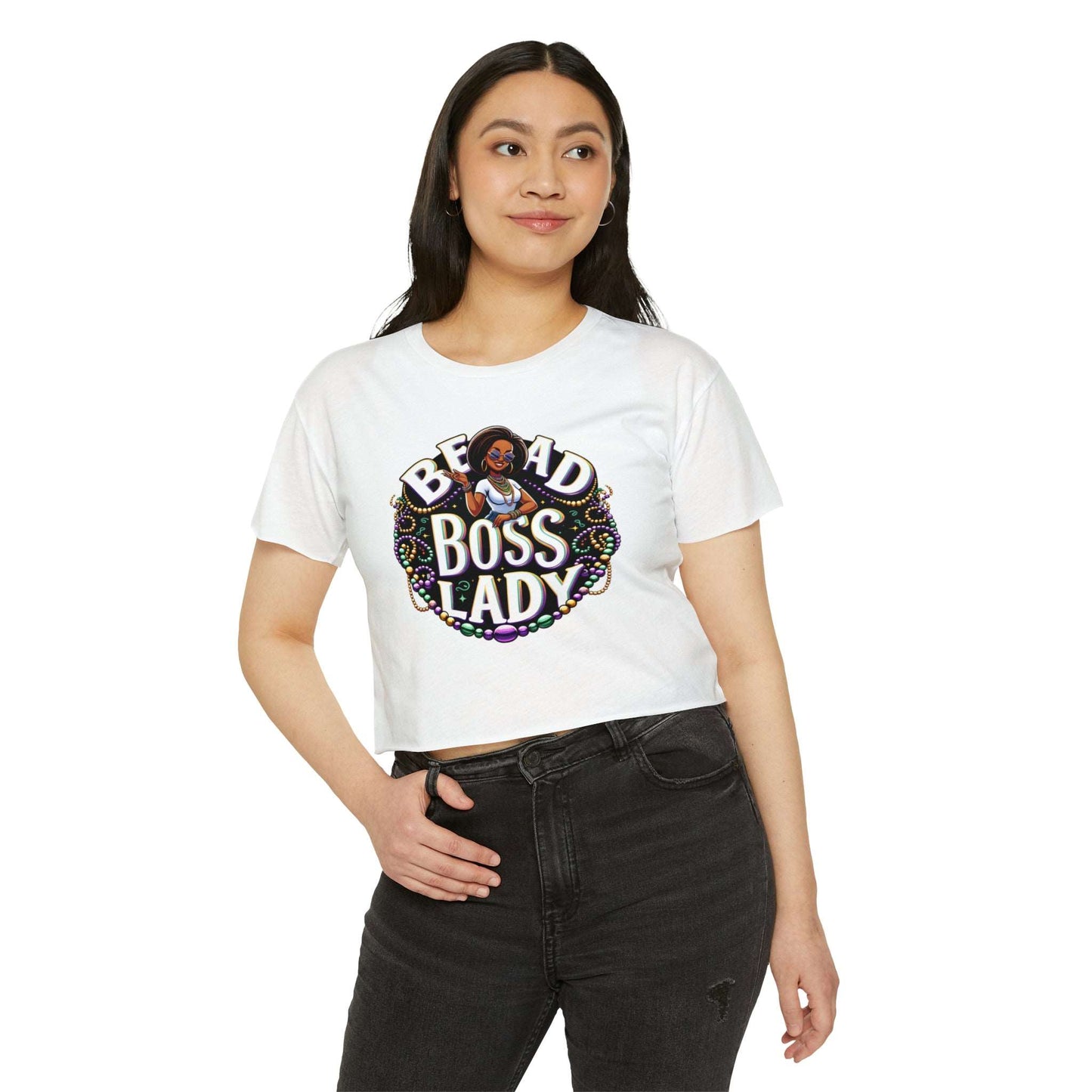 Bead Boss Lady Mardi Gras Women's Crop Top, New Orleans Party Wear, Festive Carnival Clothing