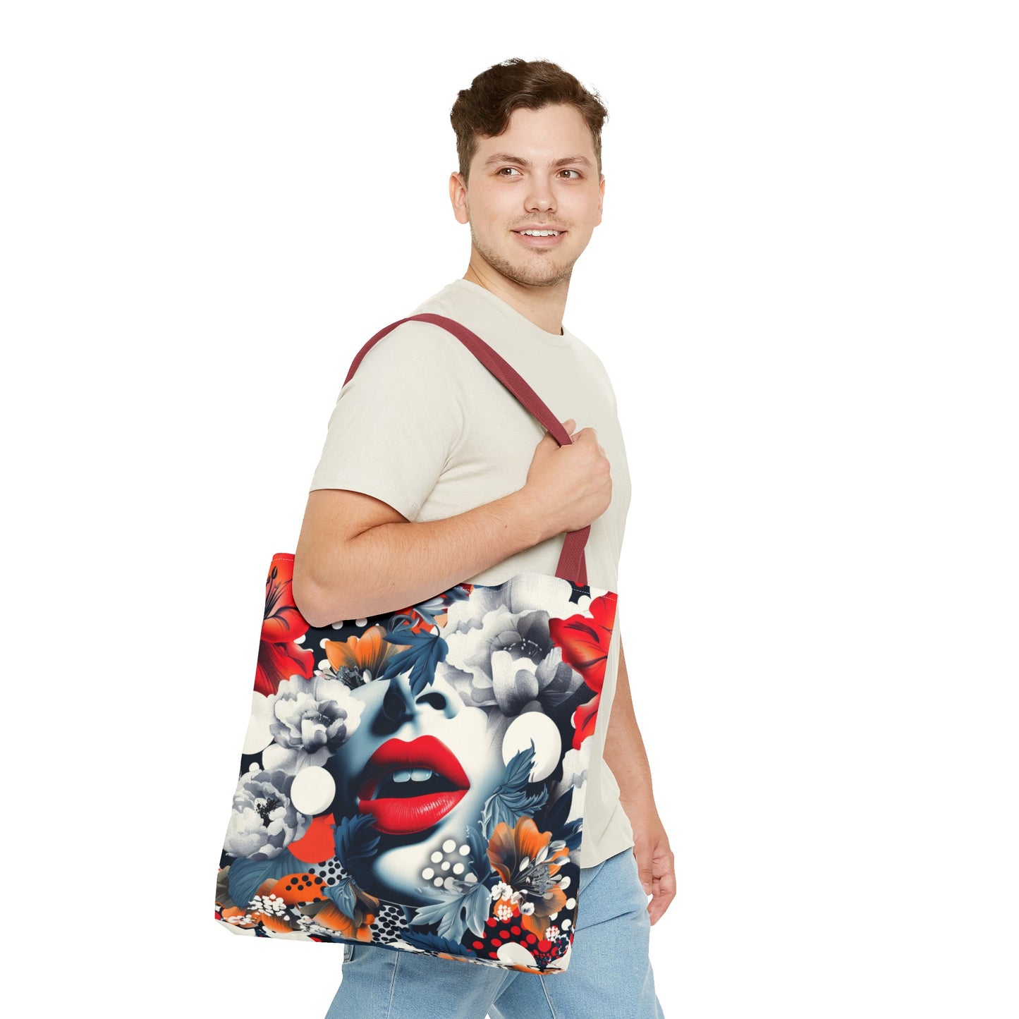 Artistic Floral High Fashion Tote Bag, Modern Polka Dot Carryall