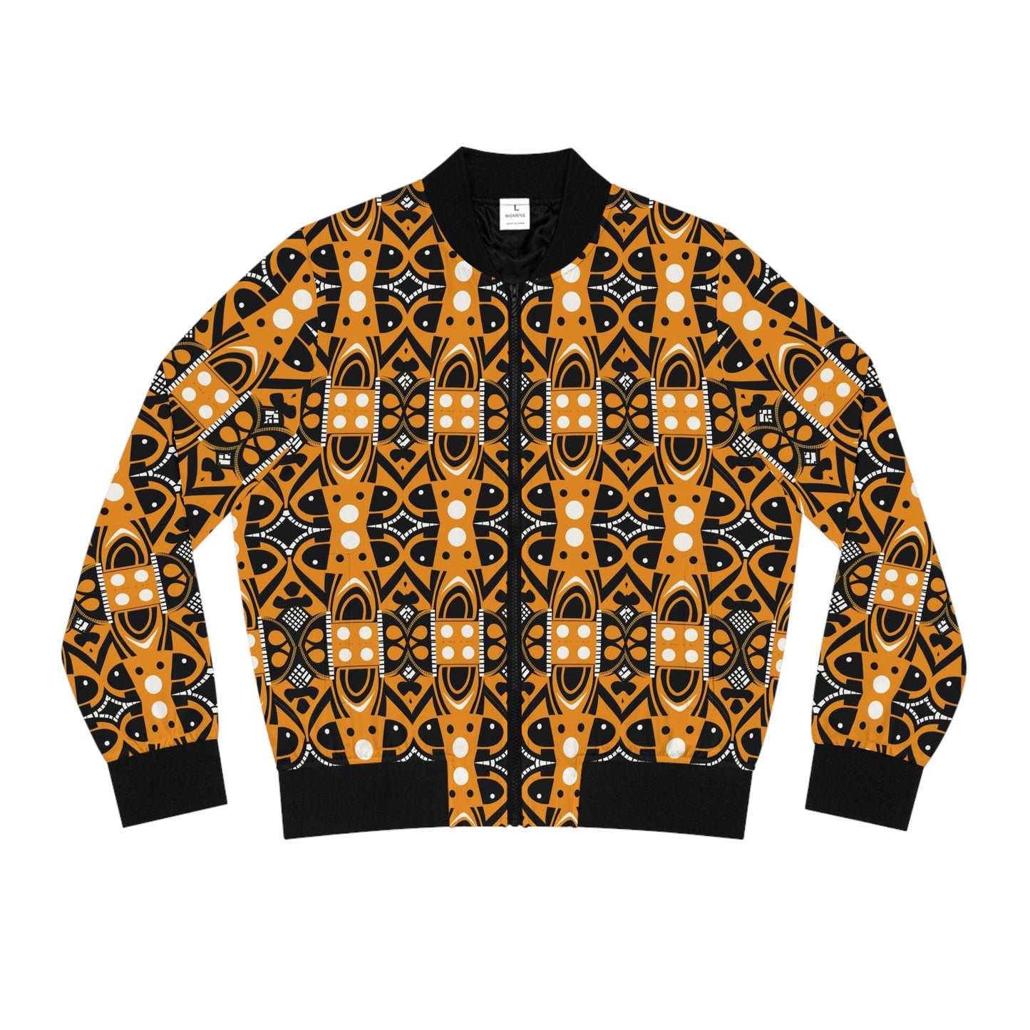 Black Orange White African Print Women's Bomber Jacket, Women's African Vibe All Over Print Fall Winter Fashion