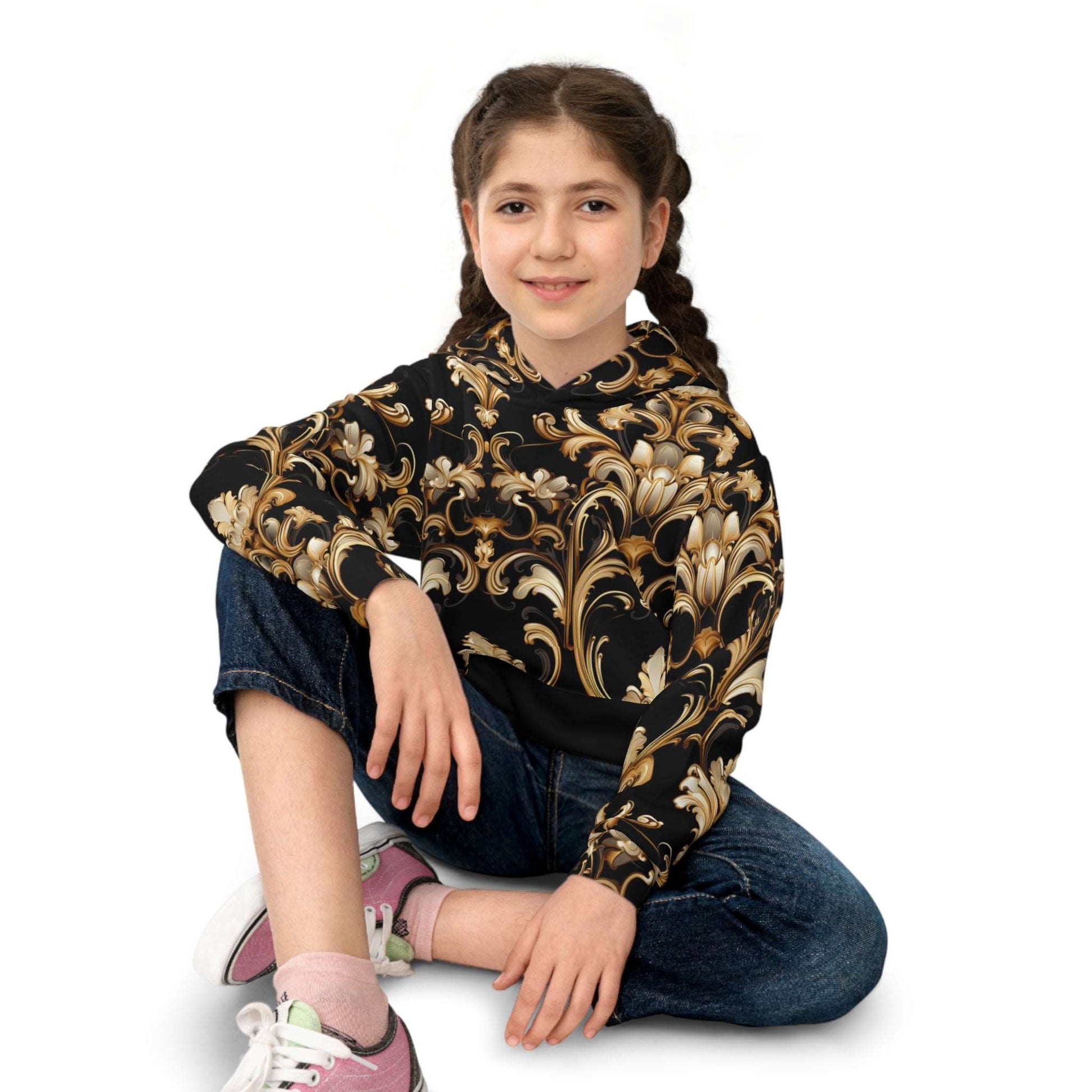 Baroque-Inspired Gold Print Hoodie, Urban Streetwear Style Sweater for Kids