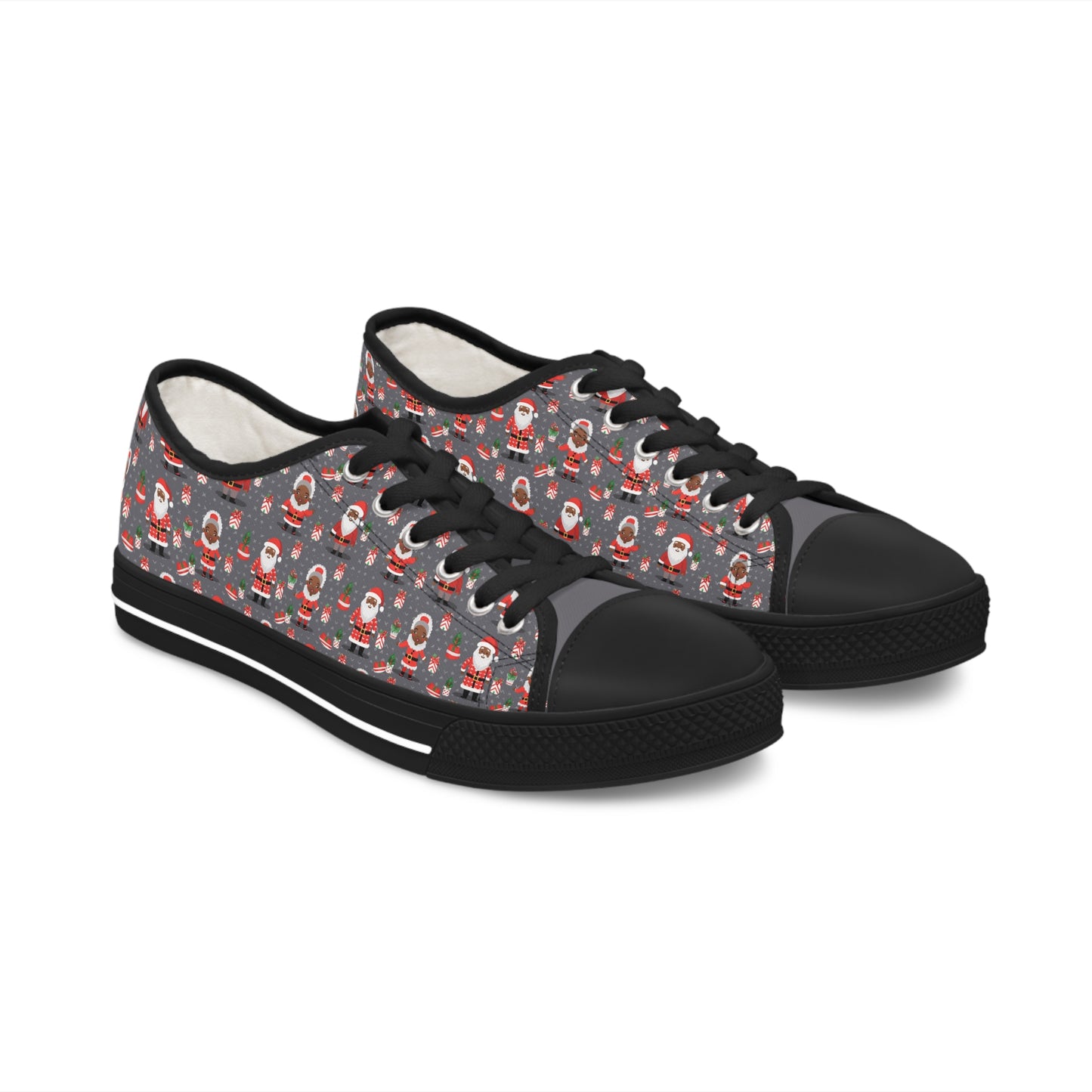 Black Santa & Mrs Claus Grey Christmas Low Top Tennis Shoes,  Unique Women's Holiday Sneakers