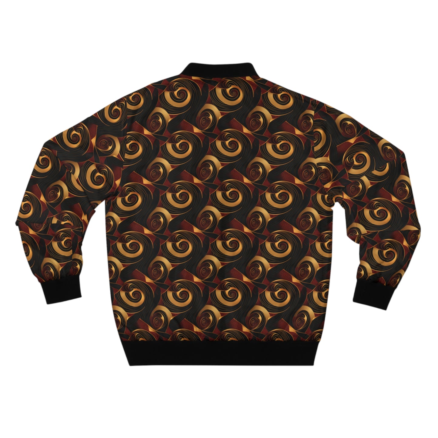 Plus Size Men's African Ankara Print Bomber Jacket - Dark Crimson, Gold & Black Spiral Design