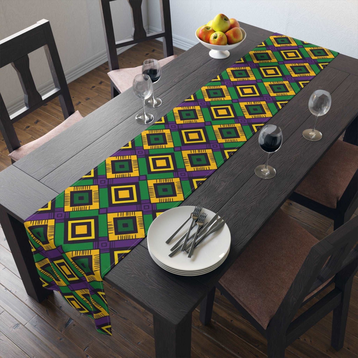 African Kente Print Mard Gars Themed Table Runner, Festive Carnival Bogolan Pattern Table Runner