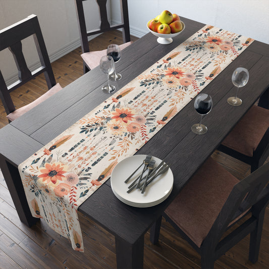 Boho Chic Table Runner – Earthy Floral and Feather Design in Cotton Twill or Polyester