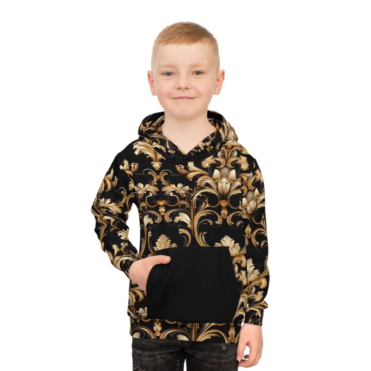 Baroque-Inspired Gold Print Hoodie, Urban Streetwear Style Sweater for Kids