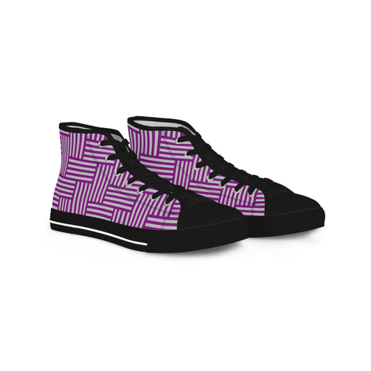 Mens Elegant Wedding Ready Deep Purple and Silver Herringbone Pattern Hi-Top Shoes