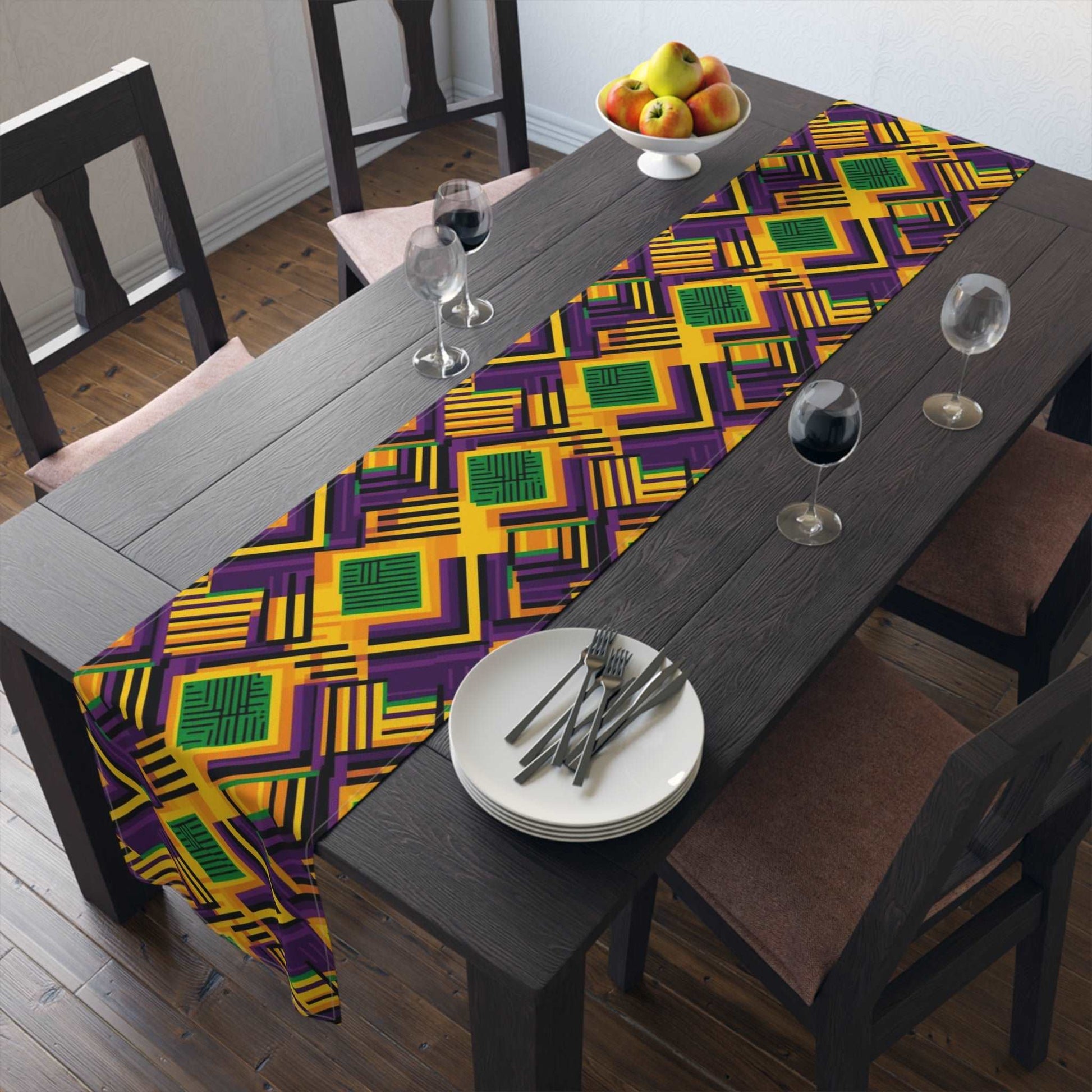 African Kente Print Mardi Gras Themed Table Runner, Festive Carnival Pattern Home Decor