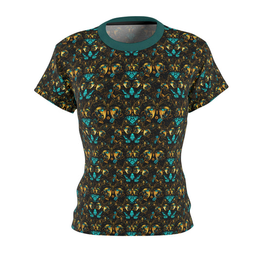 Women's Midnight Lepidoptera in Gold and Turquoise T-Shirt