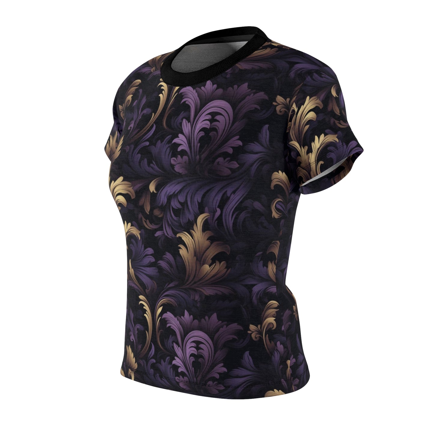 Midnight Baroque Print Elegance Women's T-Shirt, Purple and Gold Palm Leaves Women's Apparel