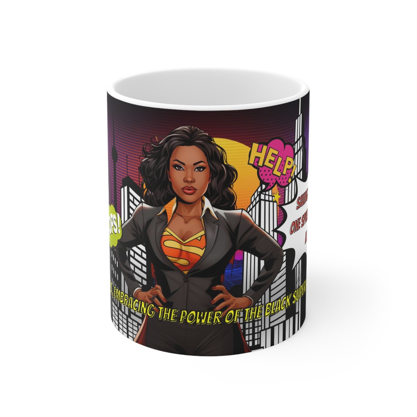 Black Woman Superhero Saves The Day Coffee Cup With Wrap Around Design