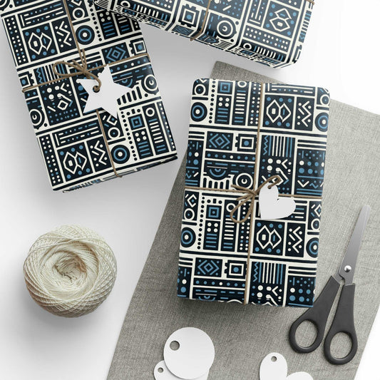 African Mud Cloth Blue, White & Black Wrapping Paper,  African Bogolan Gift Wrap