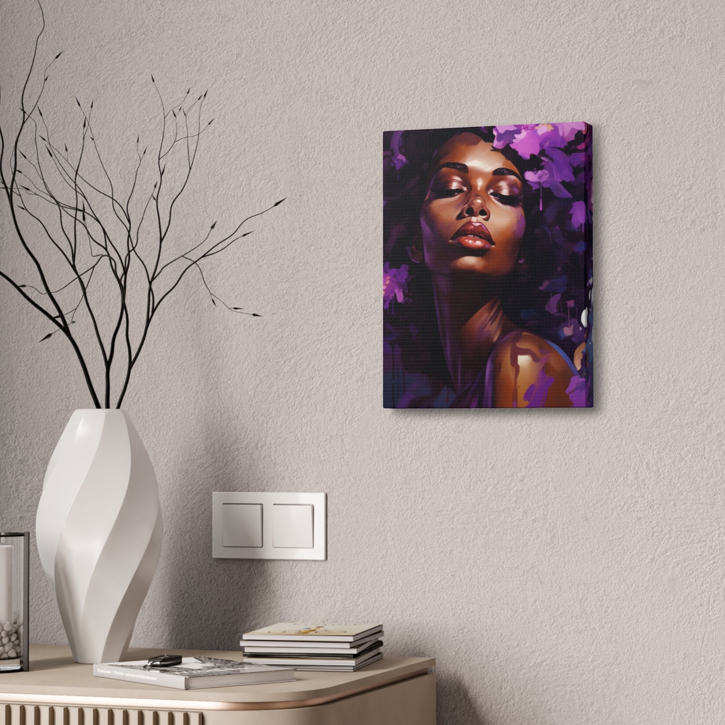 African Woman Stretched Canvas Print - Art Nouveau Purple Decor Canvas Poster