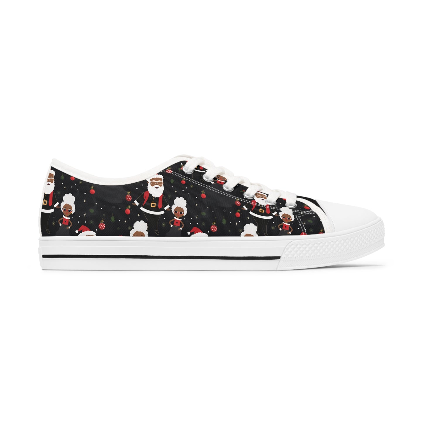 Black Santa and Mrs Claus Festive Christmas Low Top Tennis Shoes, Unique Women's Holiday Sneakers