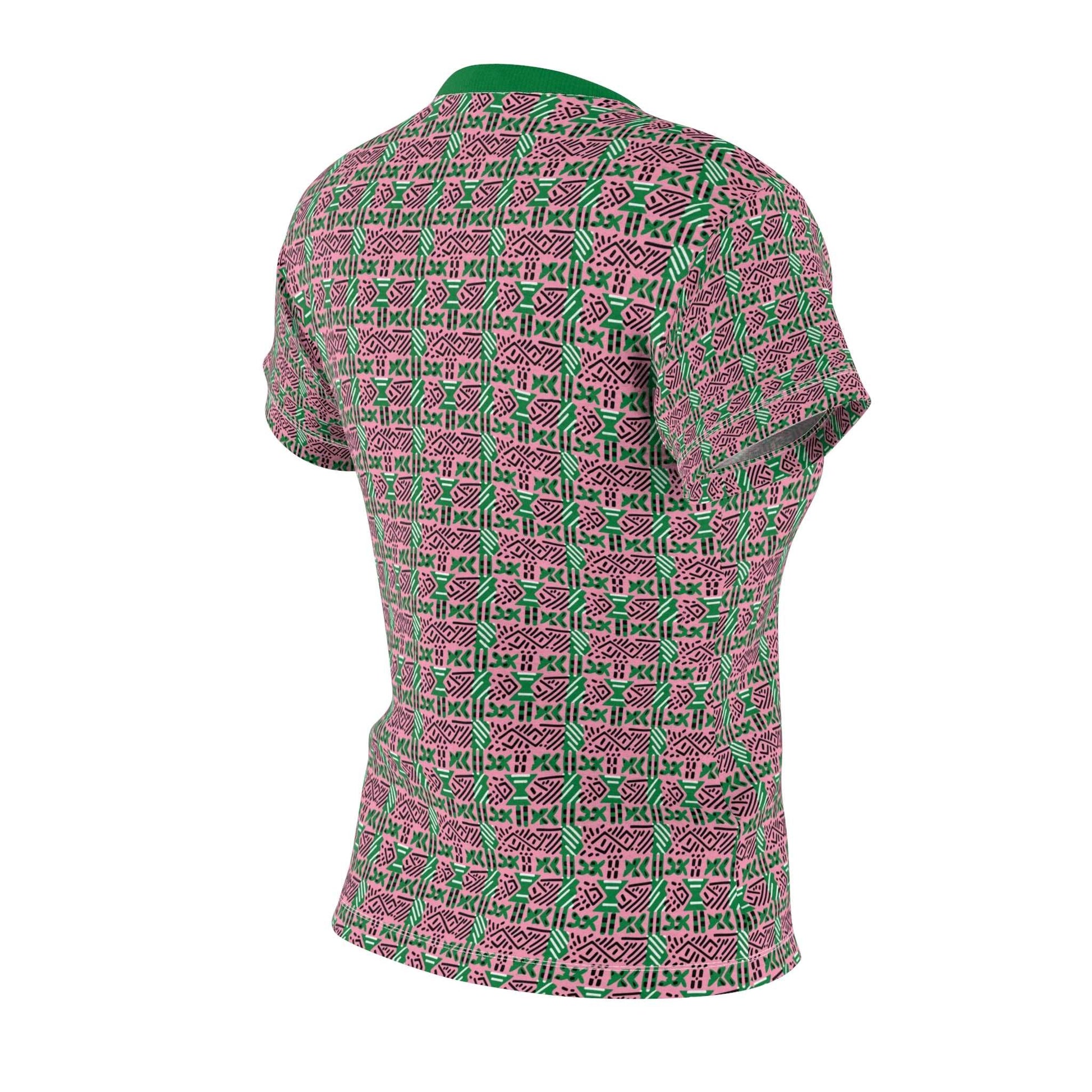 AKA Sorority Pink and Green Women's T-Shirt, Pink & Green MudCloth Print Ladies Top