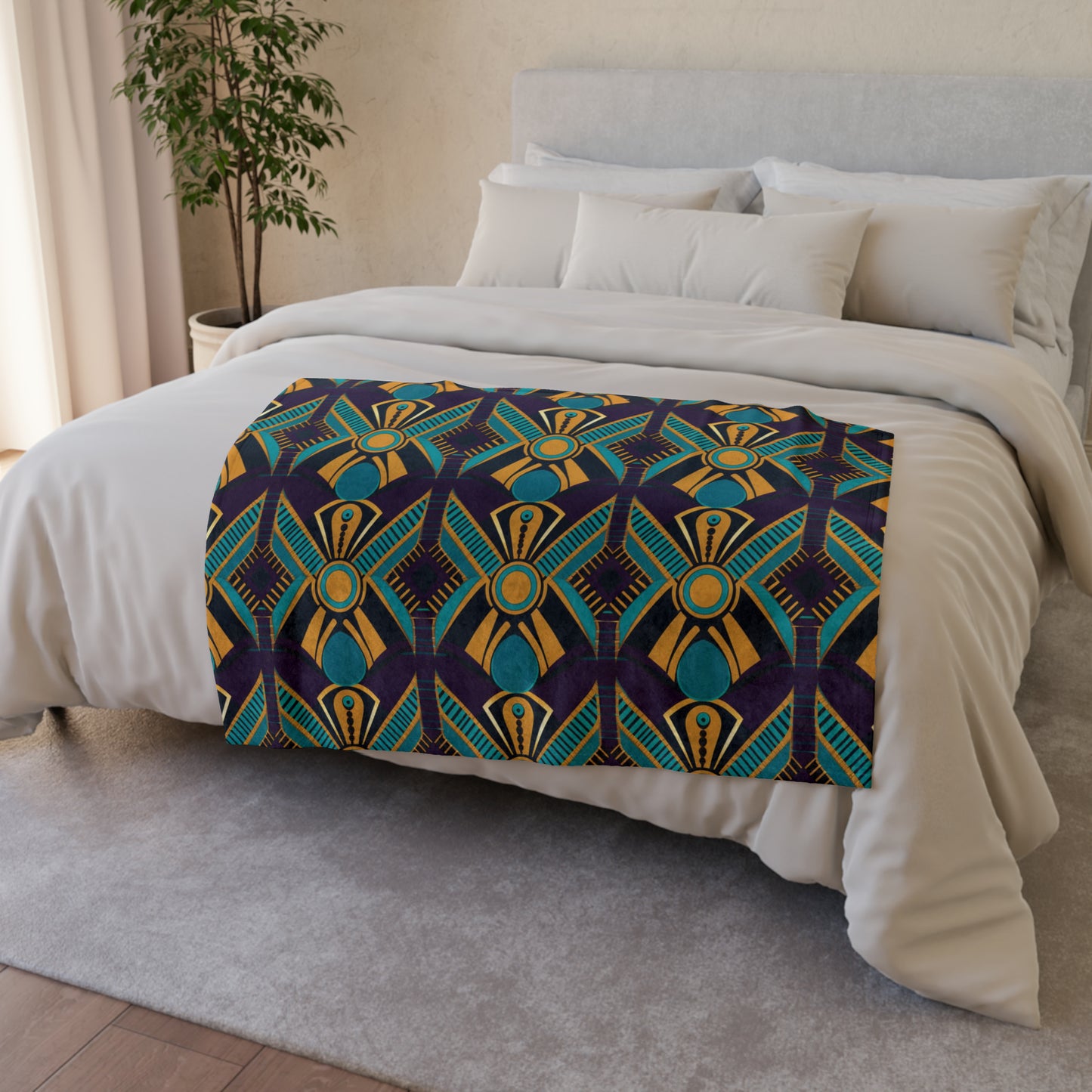 Safari African Print Throw Cover, Purple Amber Teal Blanket, Abstract Print Home Decor