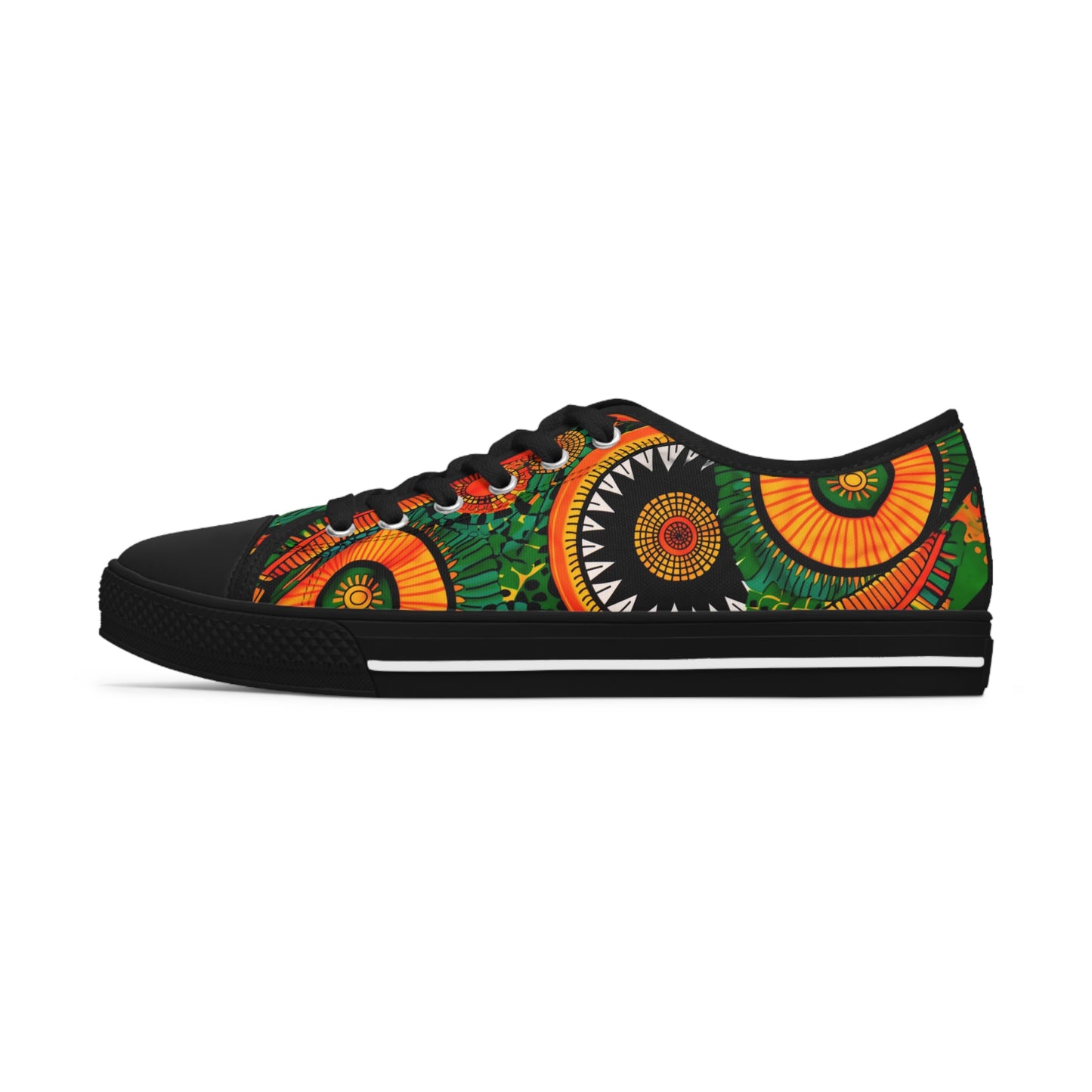 Orange, Green Yellow Africa Ankara Print Women's Low Top Sneakers, Black & Red Geometric Pattern Canvas Shoes, Comfortable Tribal Print