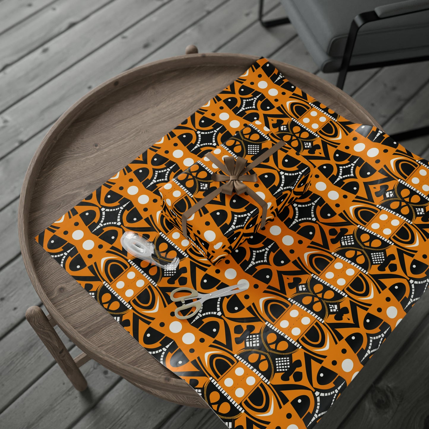 Orange Black African Print Wrapping Paper, Ethnic Print Wrapping Paper