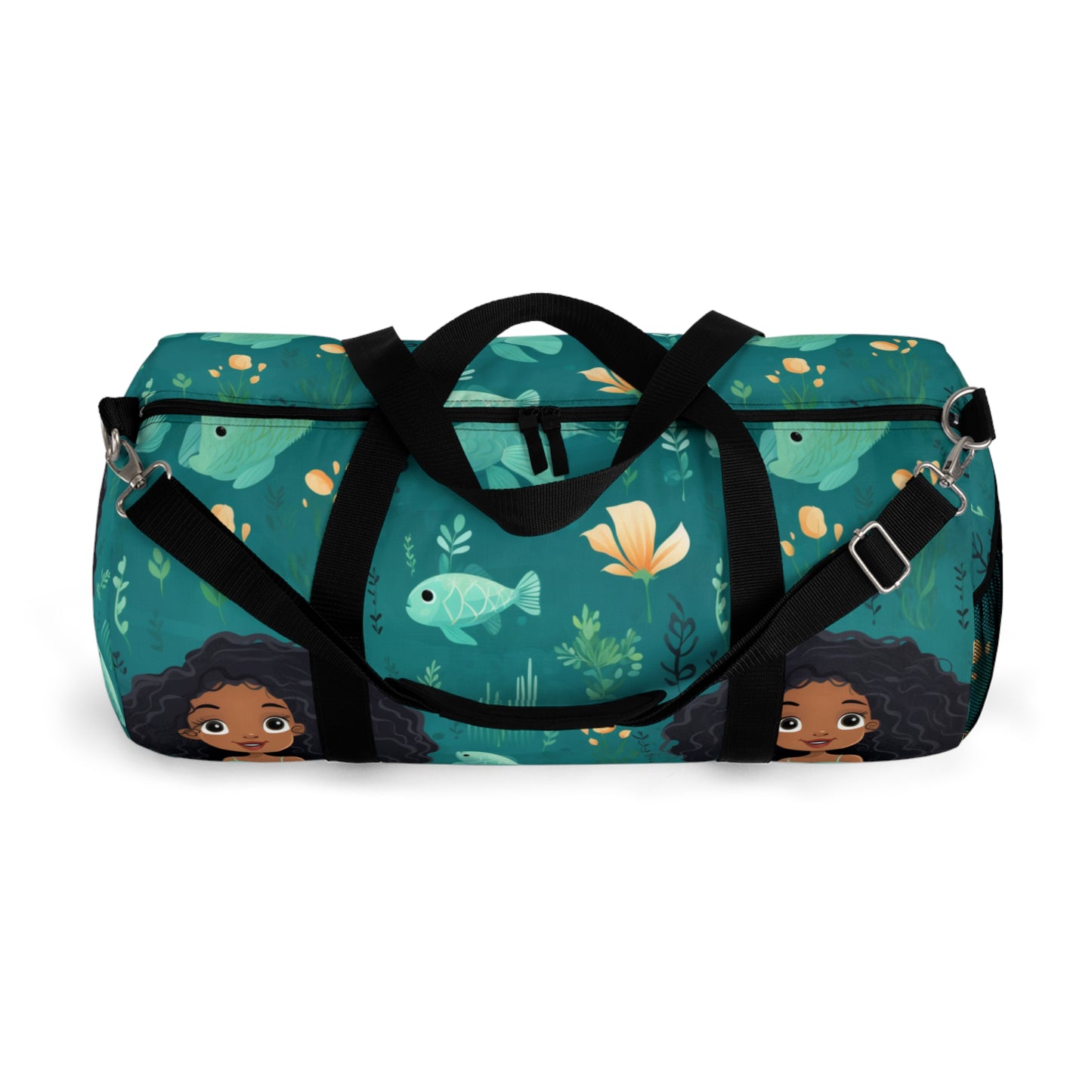 Under The Sea Black Girl Mermaid Print Duffle Bag, African American Mermaid Overnight Bag