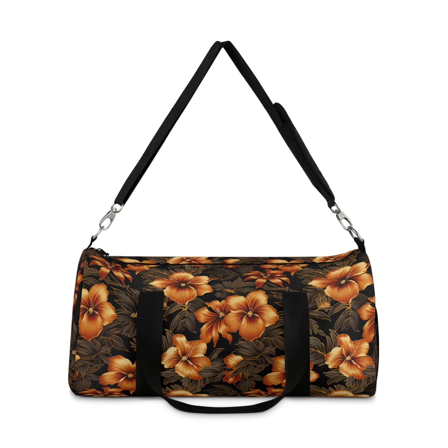 Golden Floral Hawaiian Print Duffle Bag, Black & Yellow Hawaiian Gym Bag