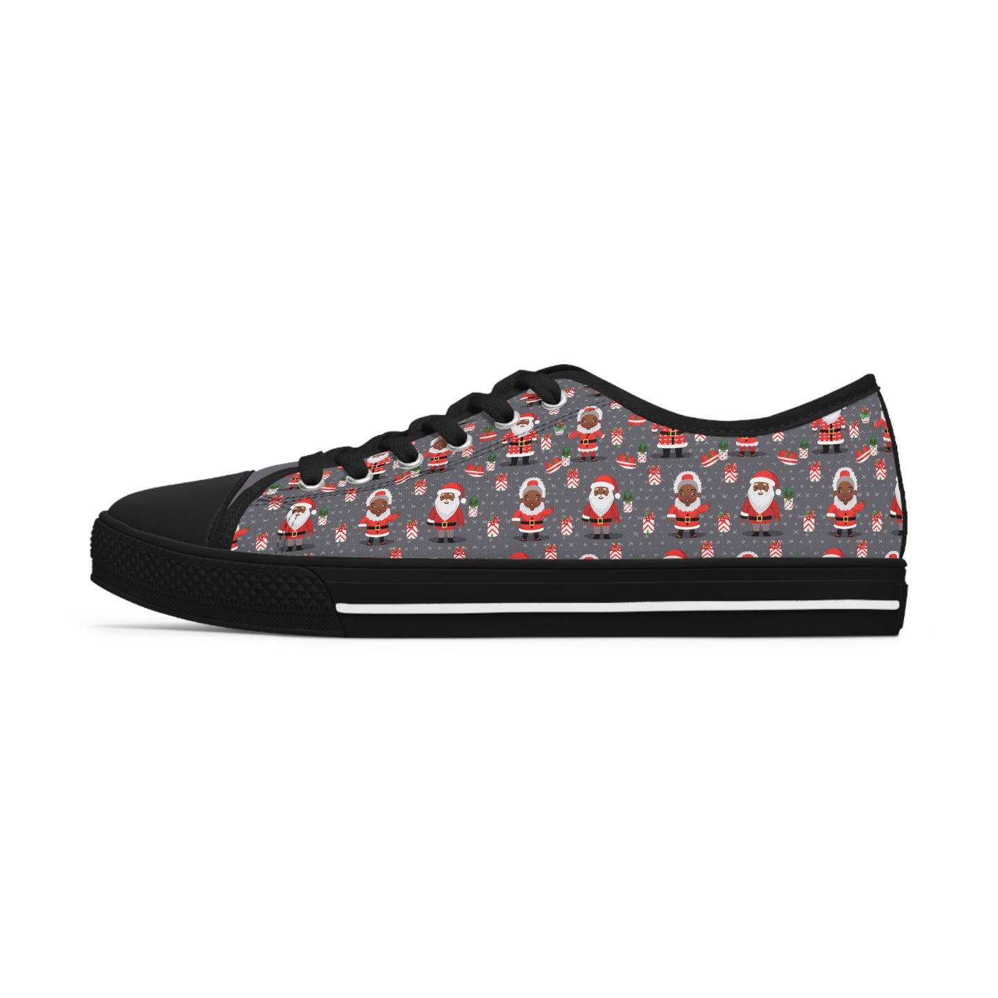 Black Santa & Mrs Claus Grey Christmas Low Top Tennis Shoes,  Unique Women's Holiday Sneakers