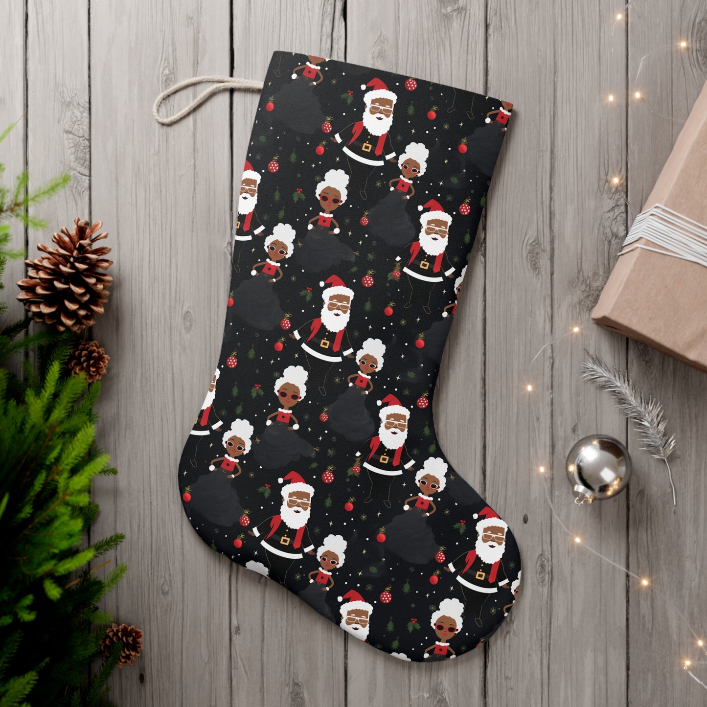 Black Santa & Mrs Claus Print Holiday Stocking, African American Santa