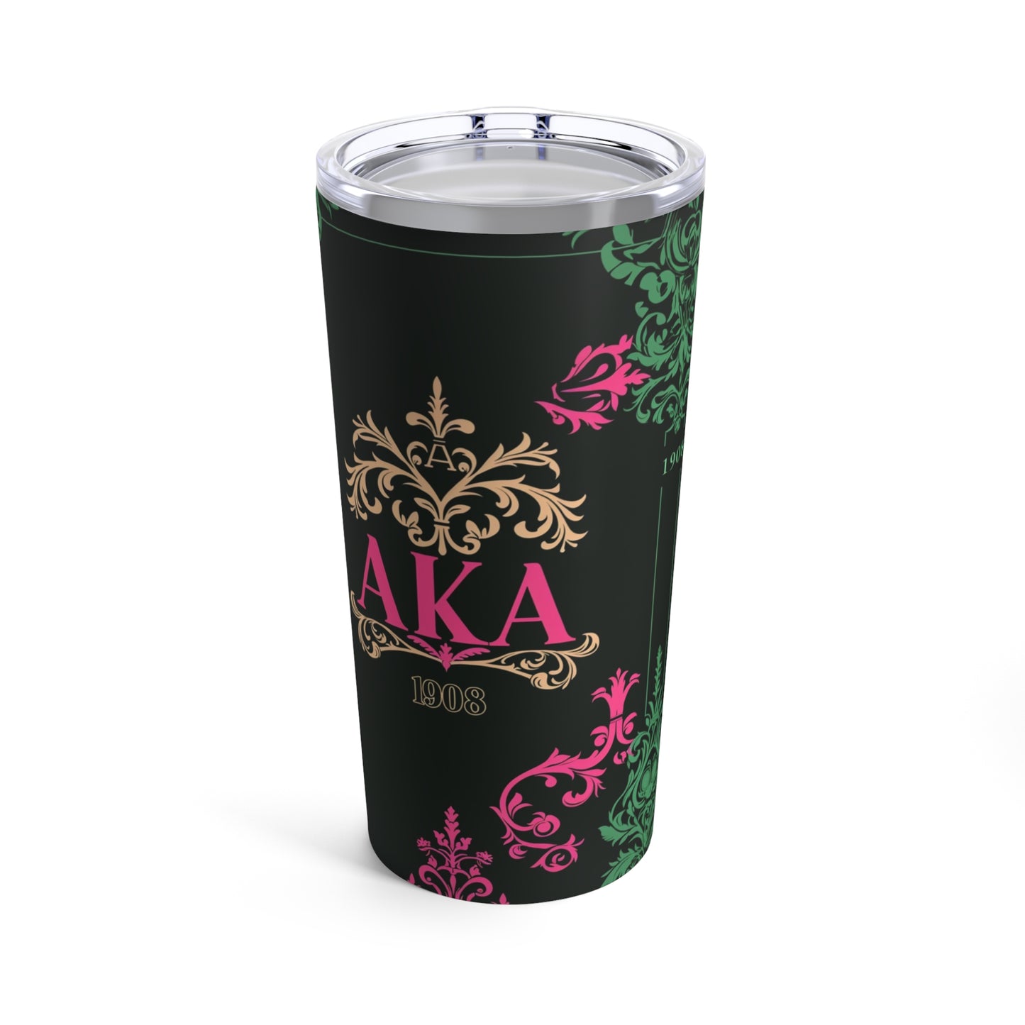 AKA Sorority Pink & Green 20oz Tumbler, Vacuum Insulated Greek Life Reusable Cup, Glossy Sorority Pattern Stainless Steel Cup