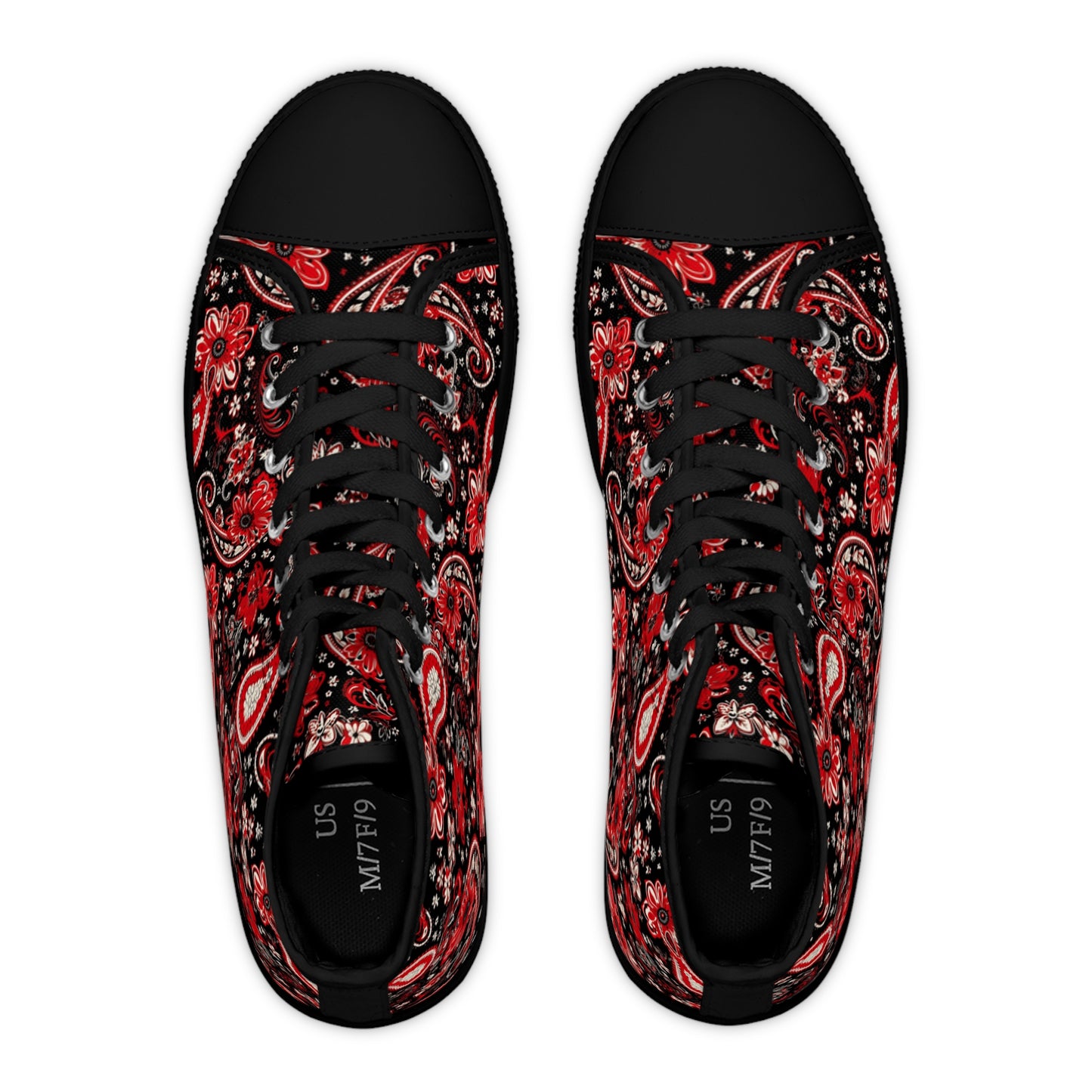 Black & Red Paisley Print Women's High Top Sneakers, Stylish Paisley Pattern Sneakers, Trendy Black and Red Bandana Print Shoes