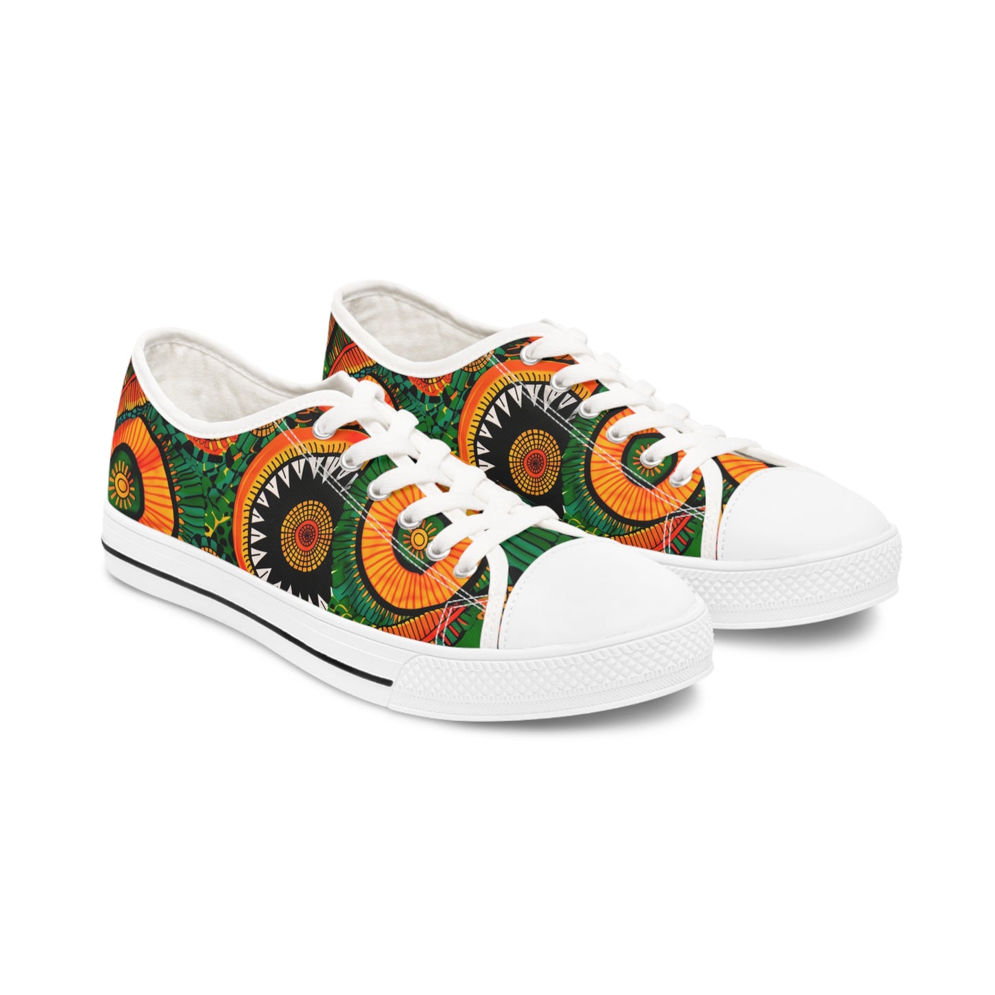 Orange, Green Yellow Africa Ankara Print Women's Low Top Sneakers, Black & Red Geometric Pattern Canvas Shoes, Comfortable Tribal Print