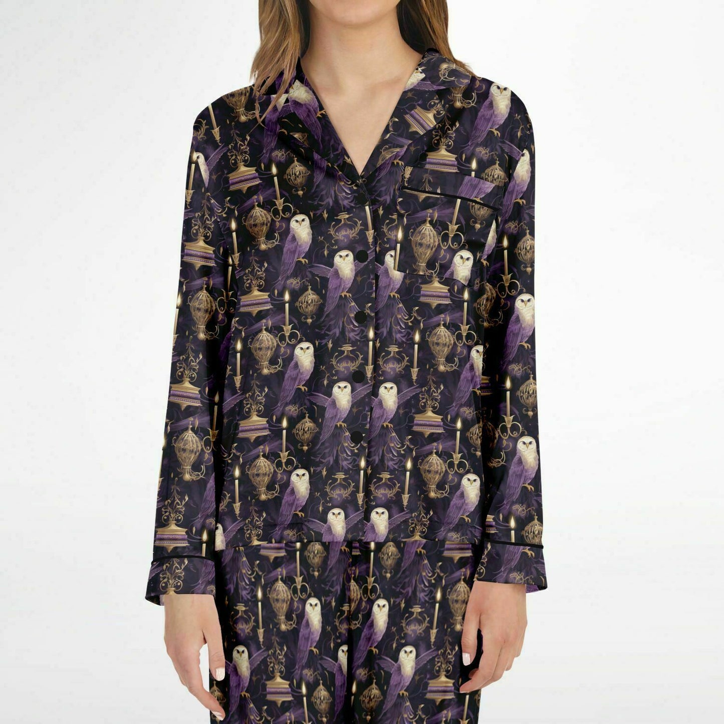 Potterhead Magical World Purple Satin Women's Luxury Pajamas |  Wands, Owls, Magical Symbols Luxury Plus Size Loungewear