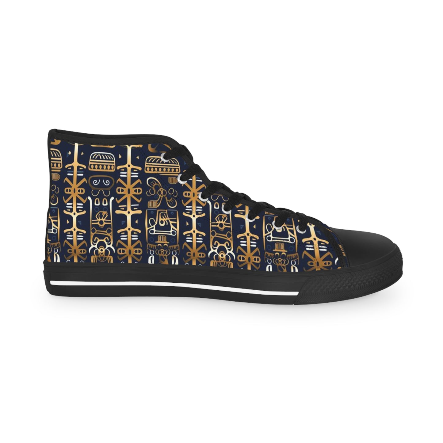 Golden Shamanic Serenity Afrocentric Print Men's Hi-Top Shoes, Navy Blue & Gold Tribal Print Mens Fashionable Shoes