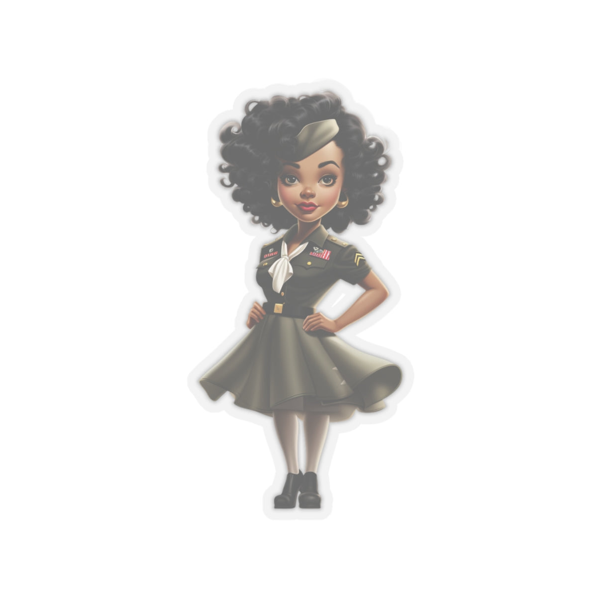 Animated Black Woman Military Pin-Up Sticker, Black Woman Pin Up Style Art Decal