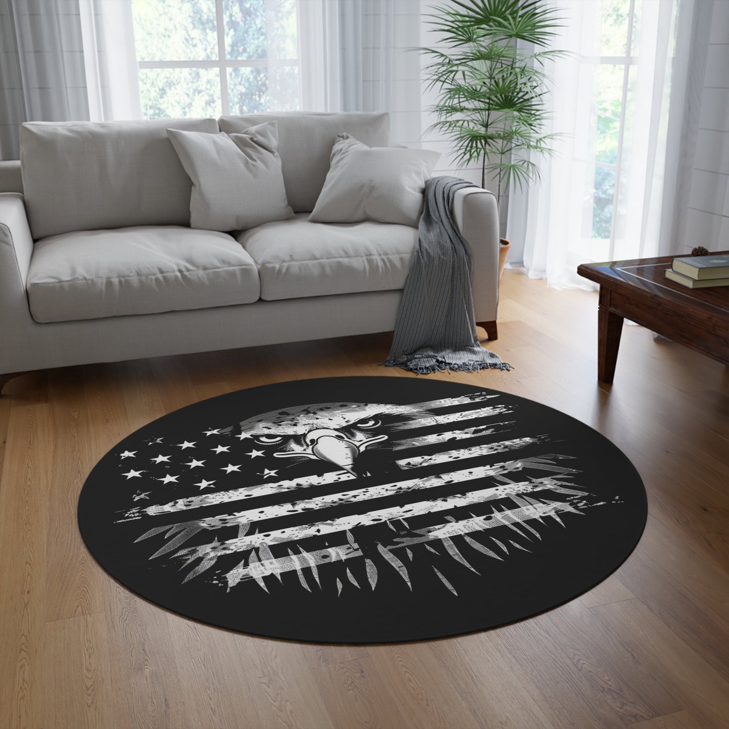 Patriotic Eagle American Flag Indoor Round Rug, 60" Black Chenille Accent Decor