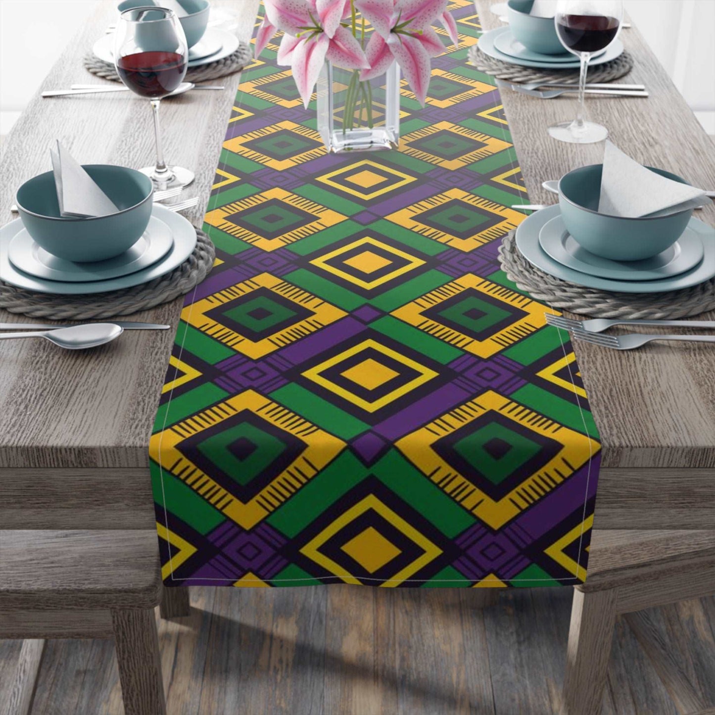 African Kente Print Mard Gars Themed Table Runner, Festive Carnival Bogolan Pattern Table Runner