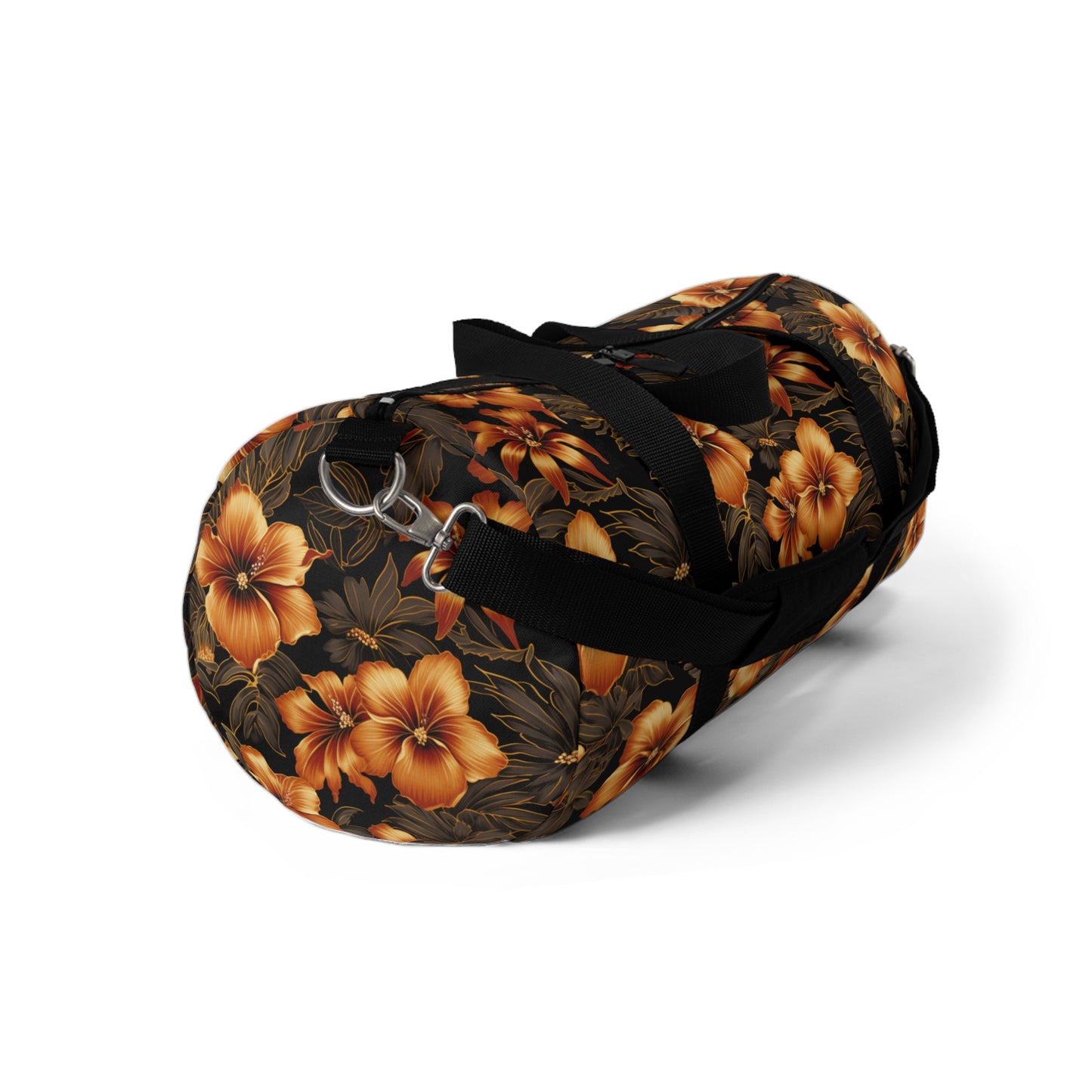 Golden Floral Hawaiian Print Duffle Bag, Black & Yellow Hawaiian Gym Bag